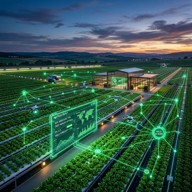 Futuristic smart farming control with holograms and sensor overlays